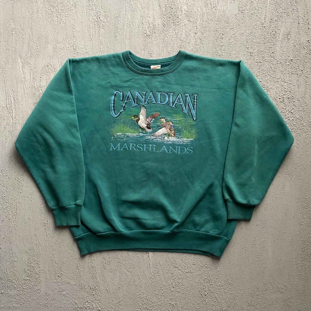 Vintage Canadian Marshlands Duck Graphic Sweatshirt Mens XL Green 90s Marshlands